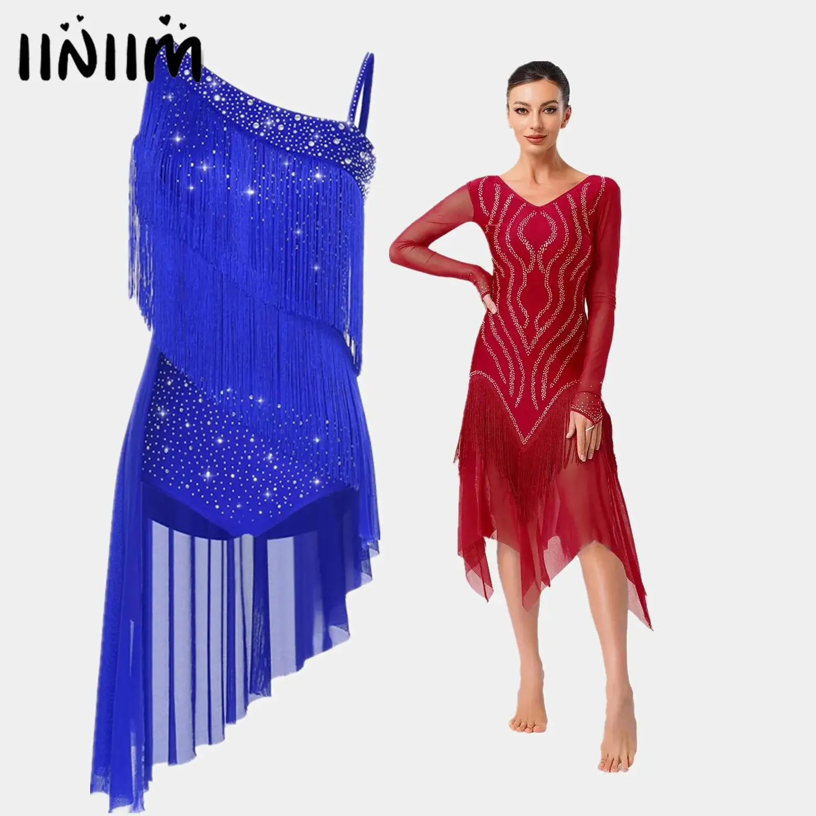 

Womens Rhinestone Gymnastics Latin Tango Ballet Ballroom Dance Leotard Dress Tiered Tassel Figure Skating Fringe Bodysuit Dress