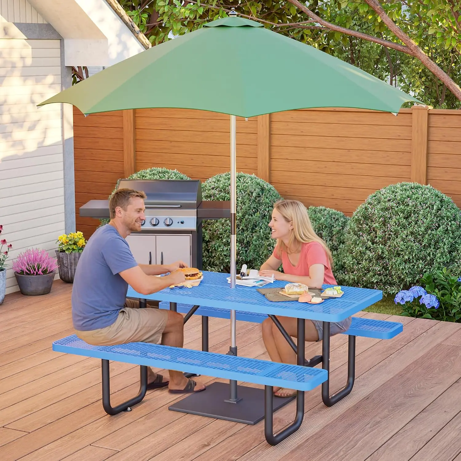 Heavy Duty Outdoor Expanded Metal Picnic Table 6/8-Person Square/Round Blue 72inch Rectangular, Customized