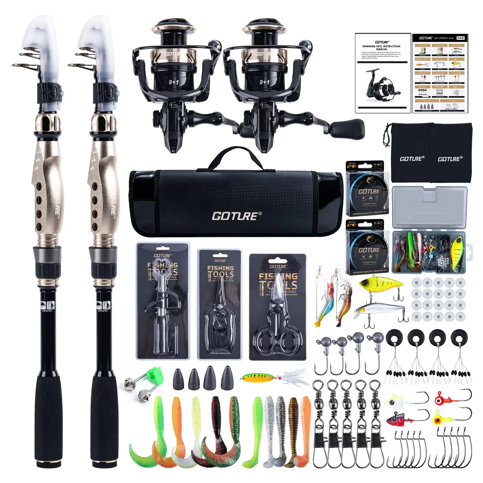 Goture 2Pcs Telescopic Carbon Fishing Rod Spinning Reel Combo Full Tackle Kit Full Accessories Lures Line Hooks Carry Bag Tools