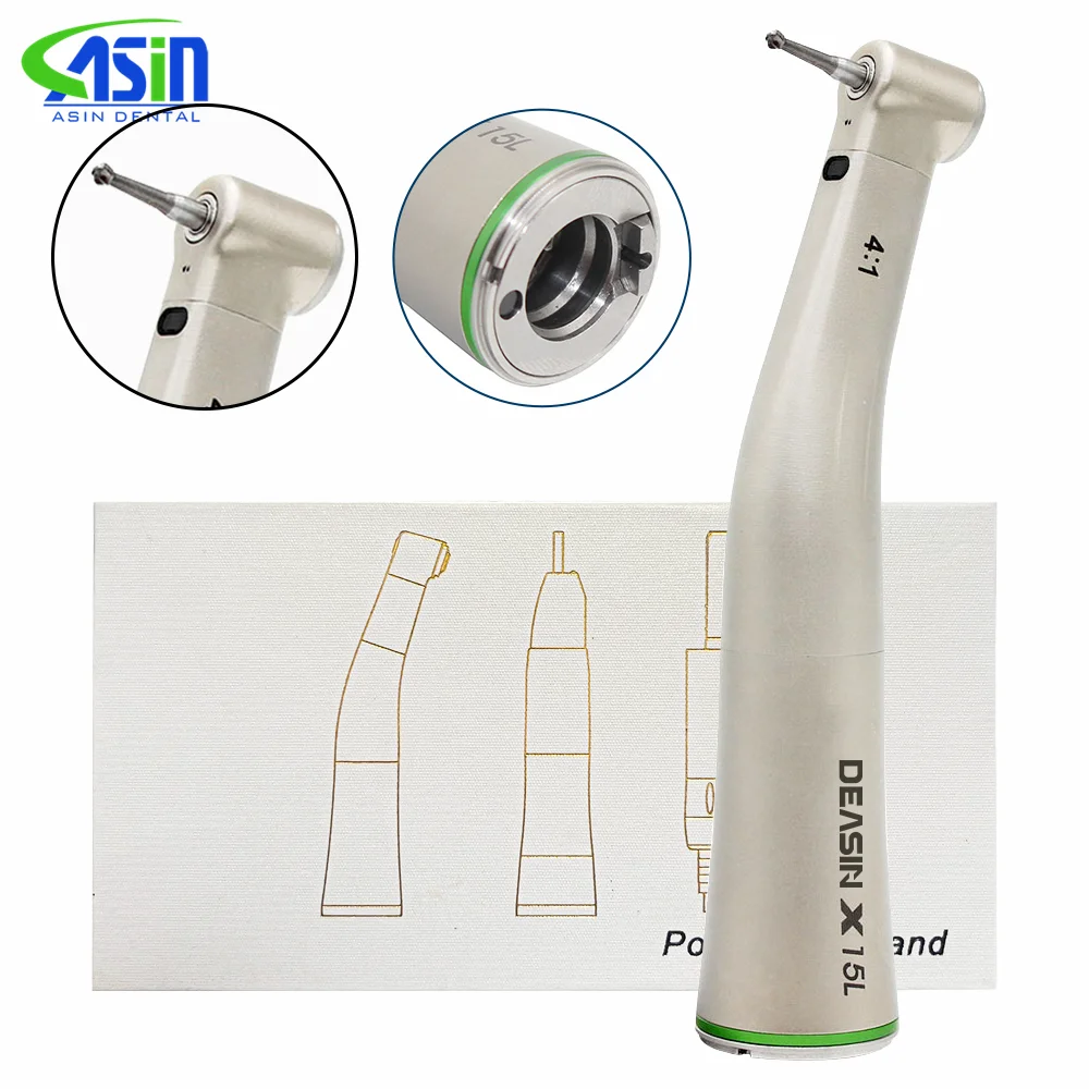 X15L Dental 4:1 LED Fiber Optic Handpiece Internal Water Spray Contra Angle Push Button Chuck GREEN RING Low Speed Handpiece