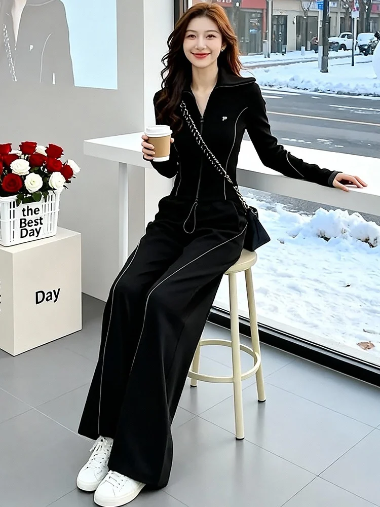 

Комплект женской повседневной спортивной одежды для активного отдыха: облегающие брюки с высокой талией и широкими штанинами, костюм-двойка, весенний, удобный, с длинным рукавом, на молнии