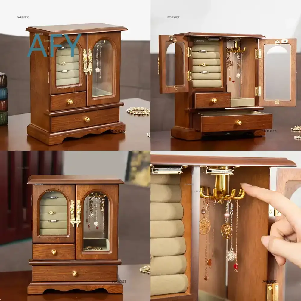 Wood Jewelry Organizer Box for Bracelets Necklaces Earrings Rings Hair Accessories Display Rack Retro Solid Wood Household