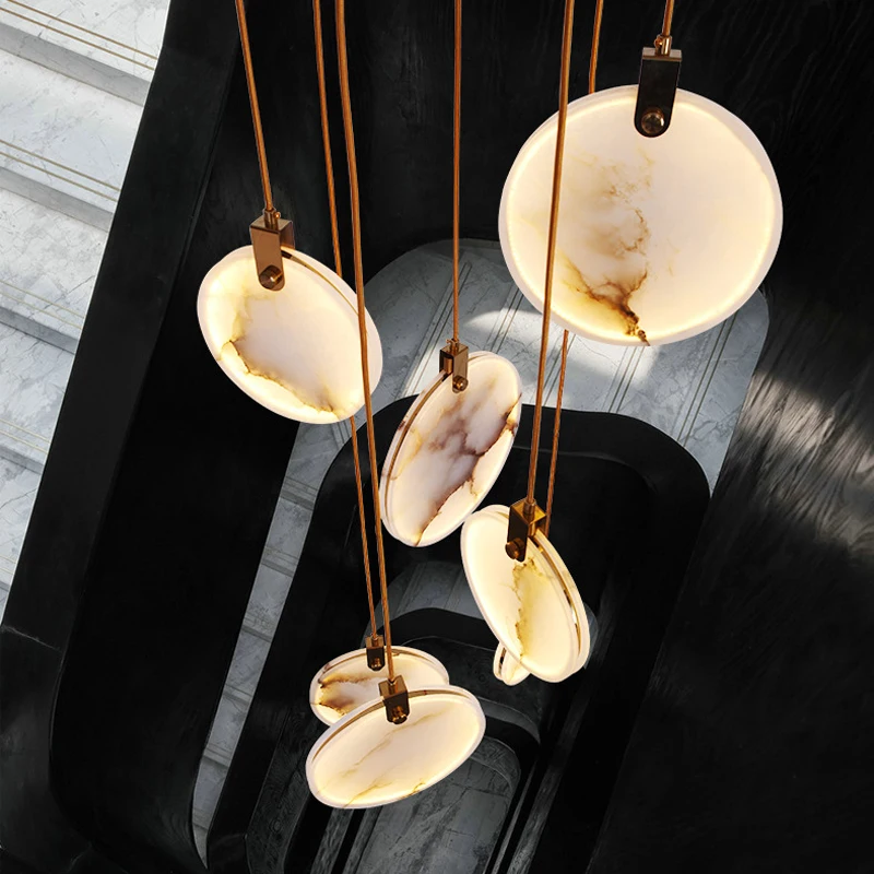 

Scandinavian Compound Staircase Chandeliers Marble Discs Luster Stainless Steel Design Villa Living Room Decoration Dimmable
