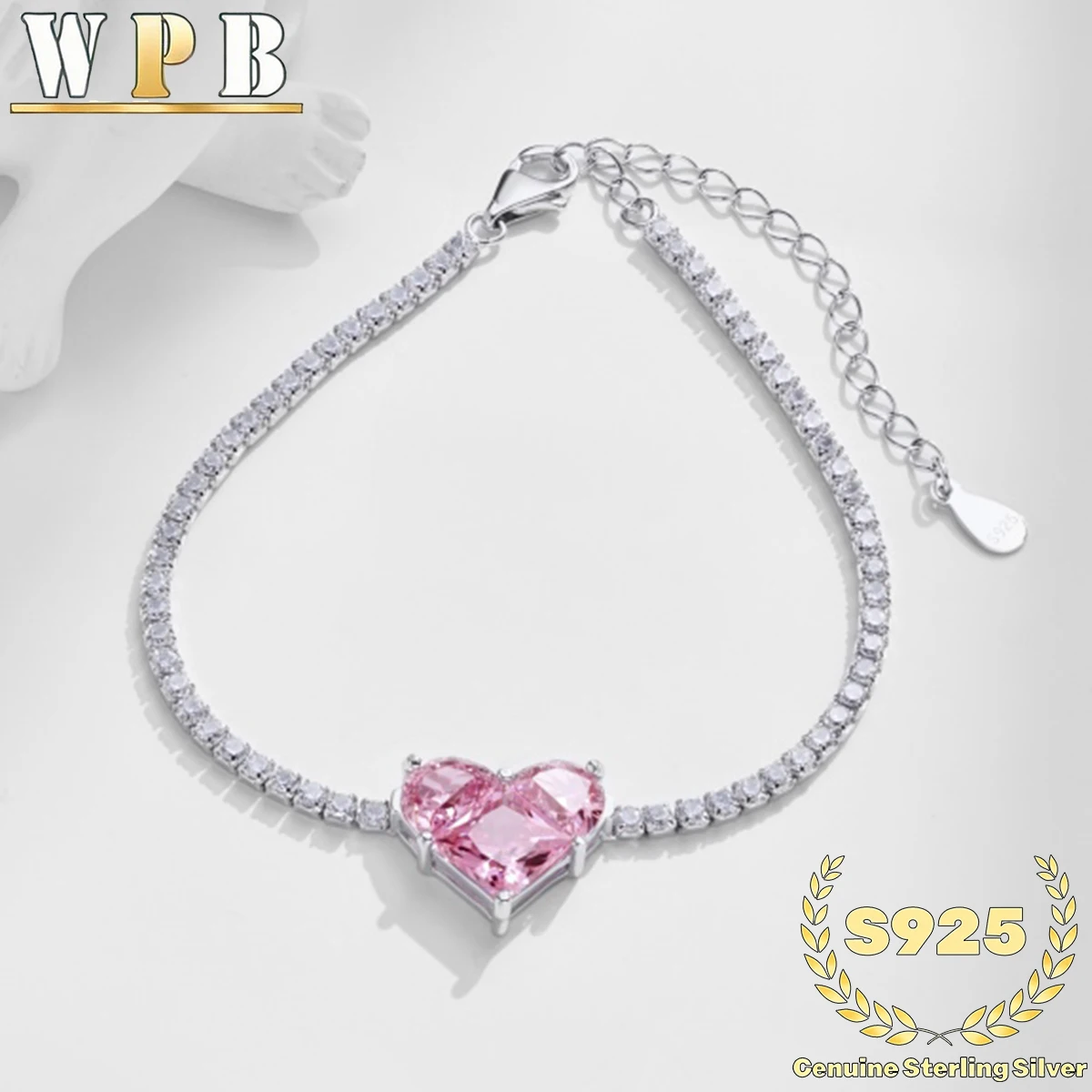 ‌Tennis Bracelet S925 Sterling Silver Pink Heart Zircon Pavé Setting Valentine Gift for Women Romantic Jewelry Anniversary