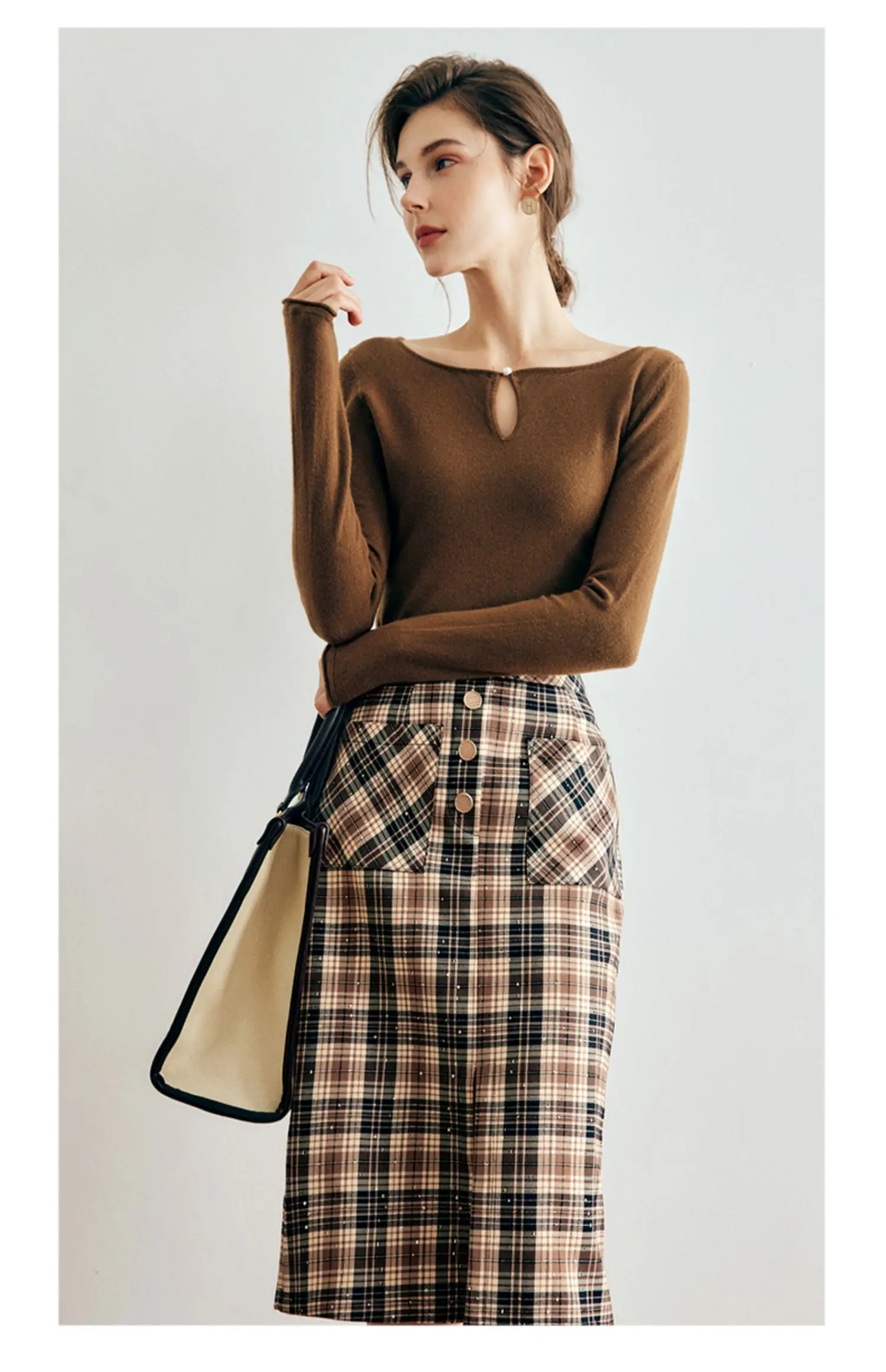 OLrain Retro Coffee Plaid Skirt Women Spring Summer 2025 England Skirt Slit Pockets Office Wear Knee-length Skirts O21QB36602