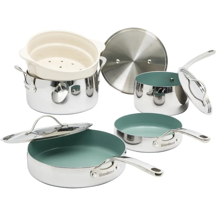 

8-компонентный набор кастрюль и сковородок из нержавеющей стали с нетоксичным зеленым нетоксичным профессиональным керамическим антипригарным покрытием для H