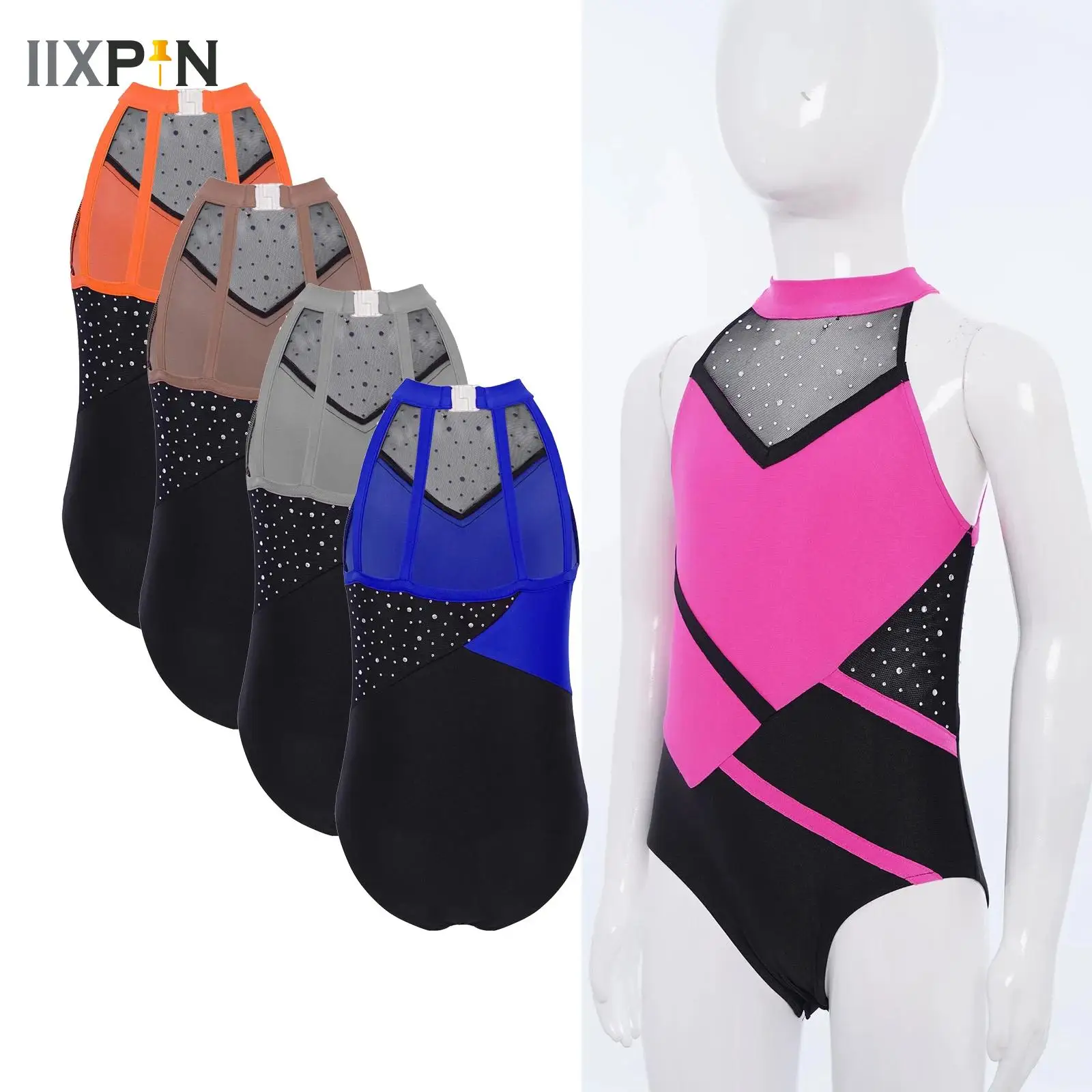 

Kids Girls Rhythmic Gymnastics Jersey Glittery Rhinestones Leotards Ballet Bodysuit Color Block Figure Ice Skating Jumpsuit