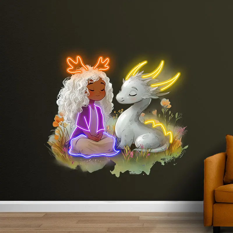 Enchanting Neon Light, Adorable Girl with Dragon Design for Home Decor, Perfect Gift for Kids, Fairy Tale Themed Night Light