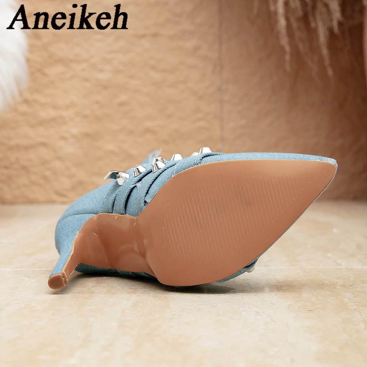 Aneikeh Fashion Women Autumn Sexy Booties Pointed Toe Rivet Strap Knee High Belt High-heeled Long Tube Blue Denim Boots Pumps