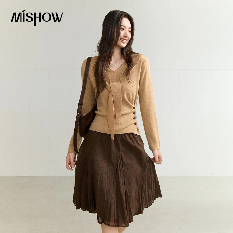 MISHOW Women's Sweater Designer Versatile Knit Pullover with Attached Ribbon 2026 Fall New Commuter Long Sleeve Tops MXF46Z3199