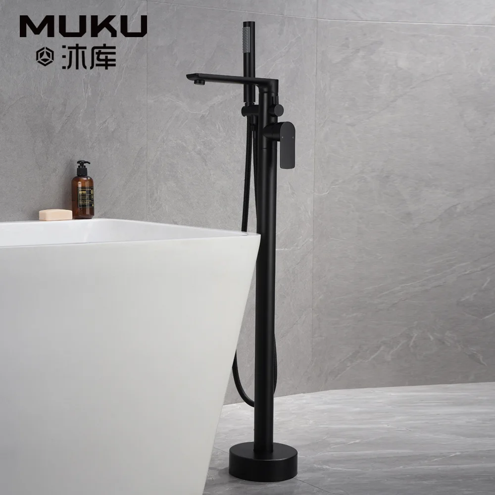 Black Brass Floor Stand Bathtub Faucet Hot&Cold Water Mixer Bathroom Tub Faucet Basin Cylinder Side Independent Shower Head Set