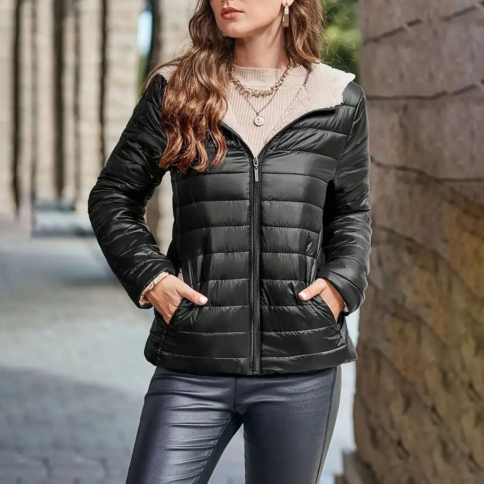 

Women Winter Solid Down Cotton Jacket Hooded Windproof Warm Lightweight Coat With Recycled Insulation Slim Short Outerwears