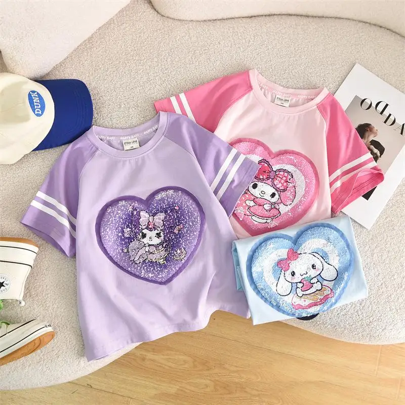 

Cinnamoroll мультфильм Sanrio детская футболка с короткими рукавами Melody Kuromi милая аниме футболка с блестками летние топы дышащие с короткими рукавами подарок