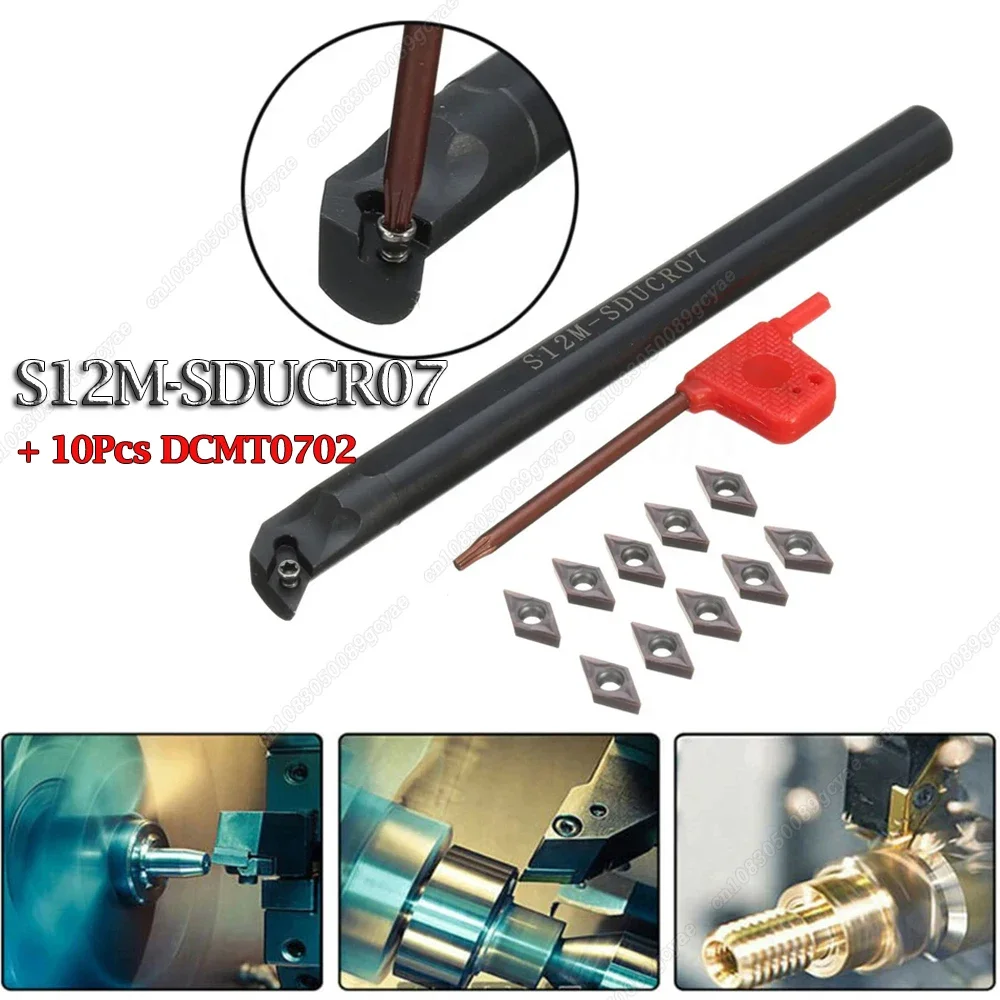 

12mm S12M-SDUCR07 Lathe Boring Bar Turning Tool Holder + 10Pcs DCMT0702 Carbide Insert Cutter Blades Lathe CNC Cutting Tool Kit
