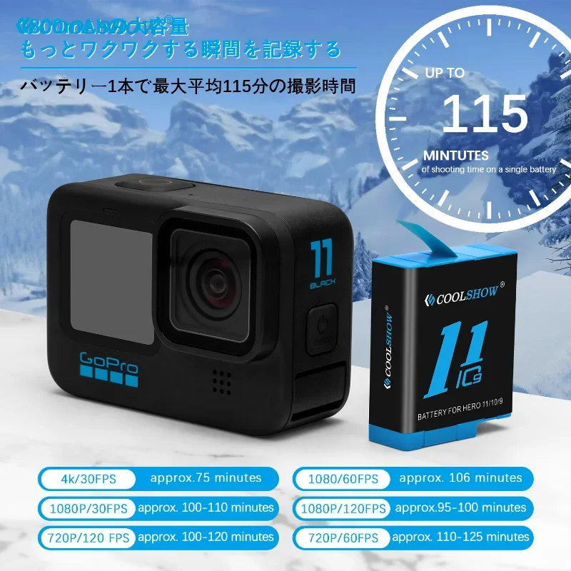 COOLSHOW Аккумулятор  для Gopro Hero 11, 10, 9, черный, 1800 мАч, для камеры go pro hero 11, hero 10, hero 9, аккумуляторы, зарядное устройство, аксессуары