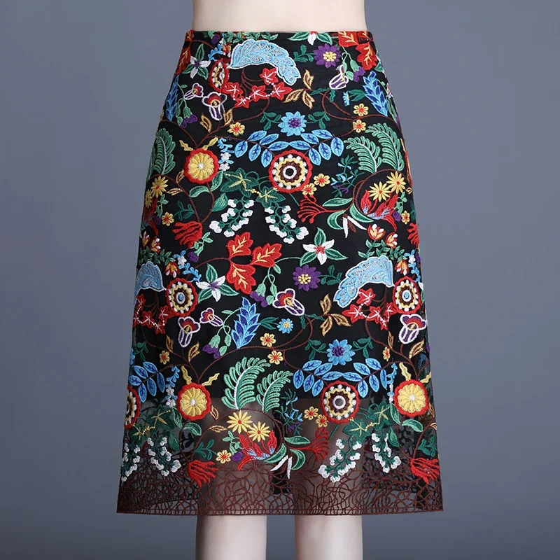 Vintage Embroidery Lace Skirt Womens 2025 Spring High-waisted A-line Skirt Mid-length Bag Hip One-step Skirt Faldas Mujer Moda