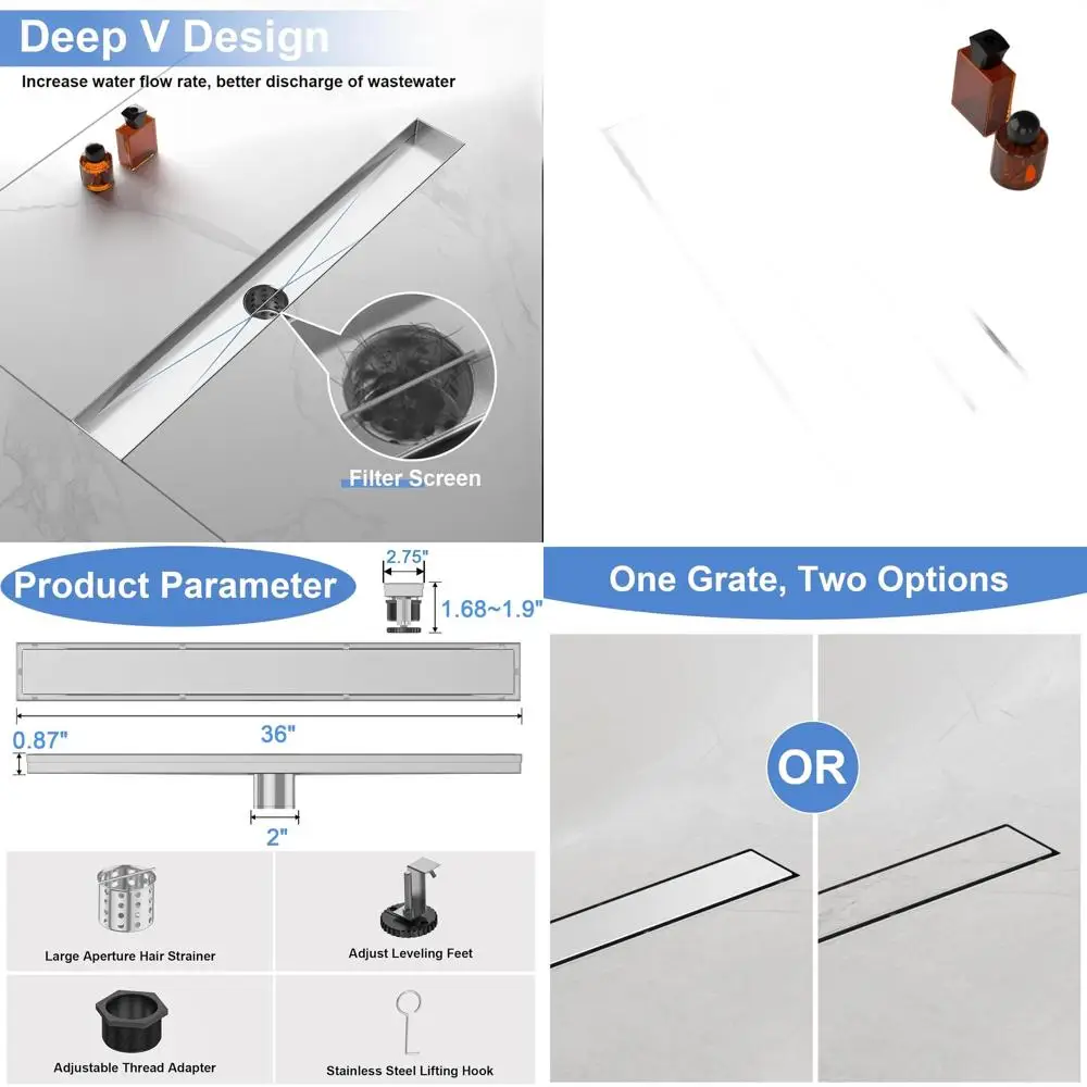 

36 Brushed Nickel Linear Shower Drain with Tile Insert, SUS 304 Stainless, Adjustable Feet, Hair Catcher for Bathroom