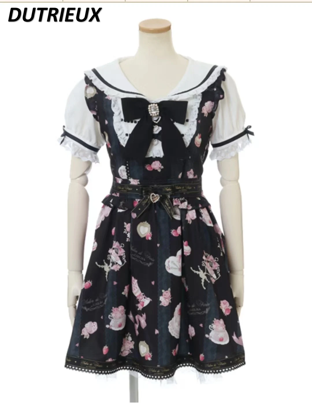 Japanese Sail Collar Short Sleeve Dress Female 2024 Spring Summer New Strawberry Cake Flowers Midi Dress Student Lolita Dresses