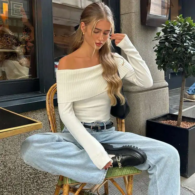 

Women Crop Top 2025 Autumn And Winter Off Shoulder Knitting Sweater Women Casual Long Sleeve Pullover Autumn T-shirt