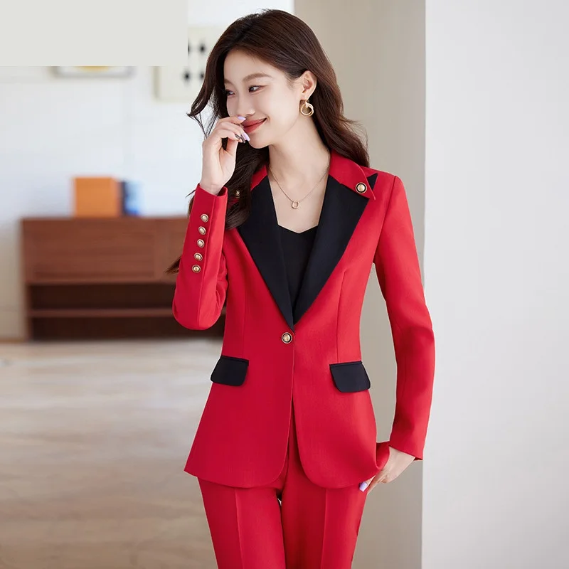 

Spring Autumn Black Red Wine Patchwork Elegant Blazer Tops And Pants 2 Piece Set Ladies Office Suit Business Clothing Pants Set
