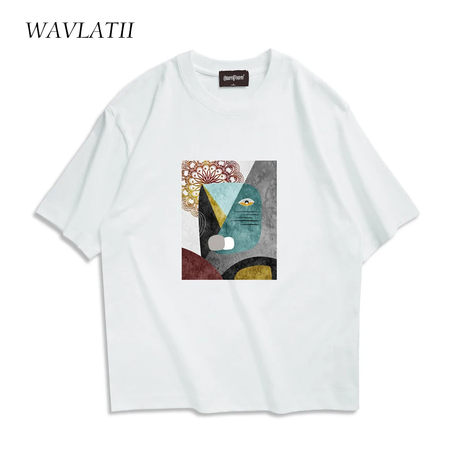 WAVLATII New Women Overszized T shirts Female Fashion Streetwear Abstract Printed Tees Lady Short Sleeve Tops for Summer WT2362