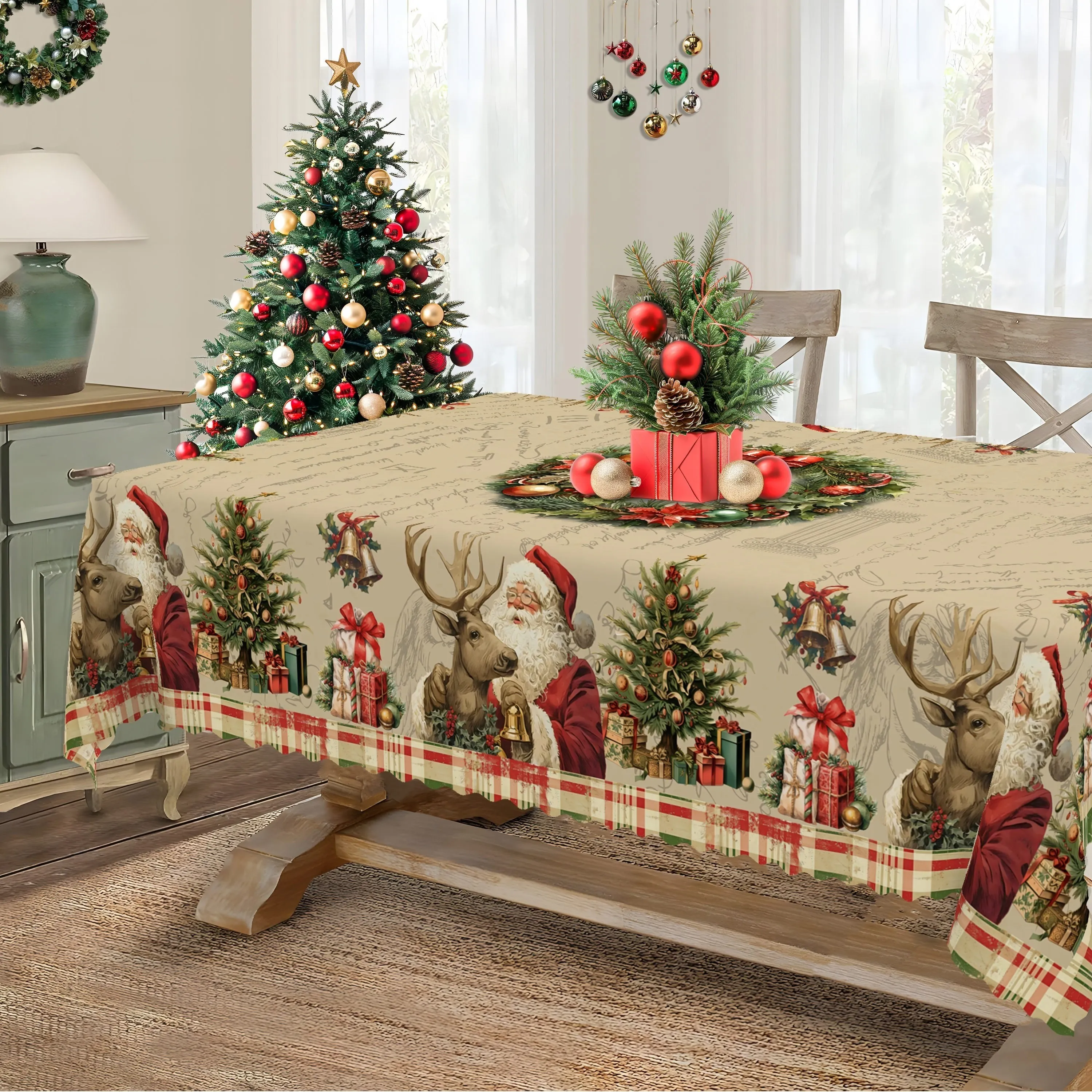 1 PC Retro Christmas Reindeer Tablecloth, Christmas Garland Clock Tablecloth, Winter Tableclothzyc