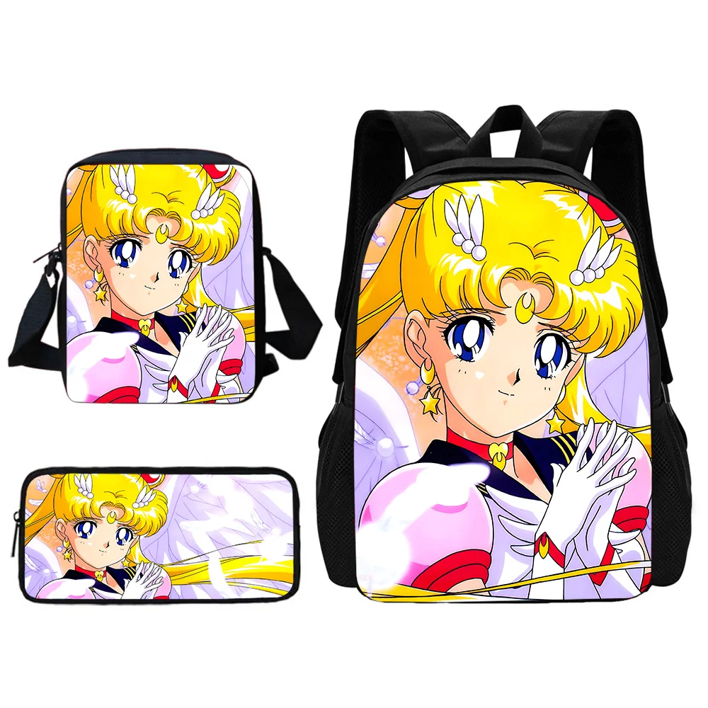 Anime bonito s-sailor m-moons 3 pçs conjunto criança mochila escolar com bolsa de ombro sacos de lápis sacos de escola para meninos meninas melhor presente