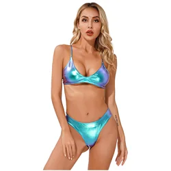 2 sztuk kobiet błyszczące metalowe strój kąpielowy Bikini strój kąpielowy Strappy krzyż powrót krótki Top z niskim wzrostem majtki bielizna kostiumy kąpielowe