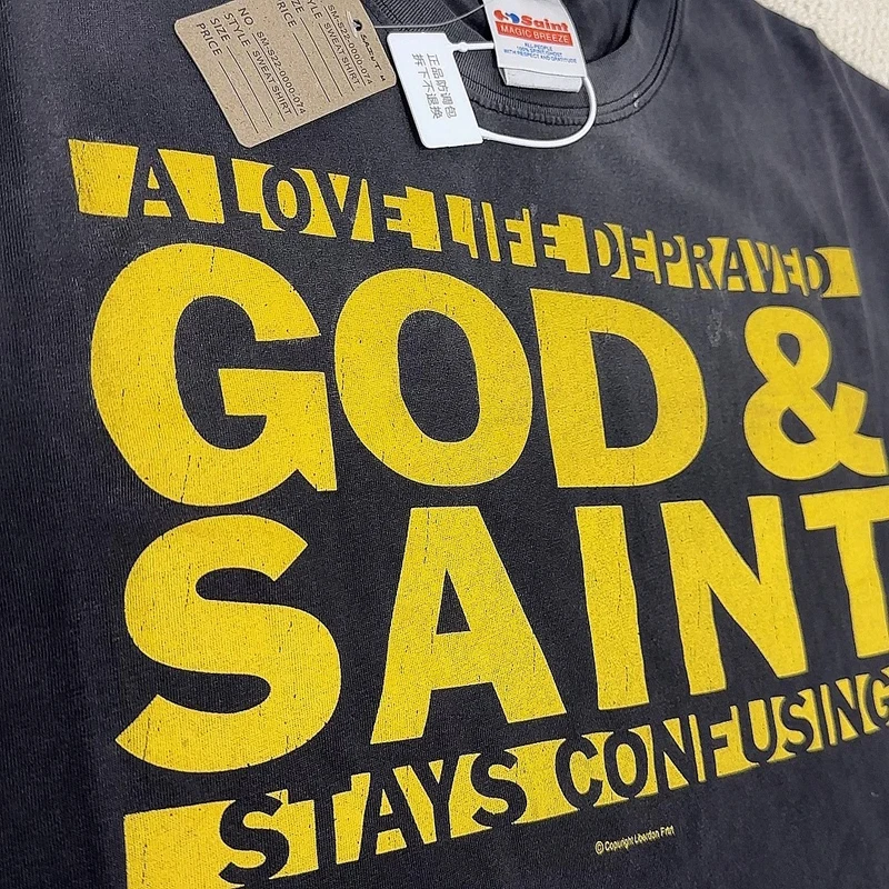 Vintage Washed Black Splashed Ink Summer Y2K Saint Tshirts Yellow Lettered  GOD Large Letter Print Short Sleeve Men Women Tees
