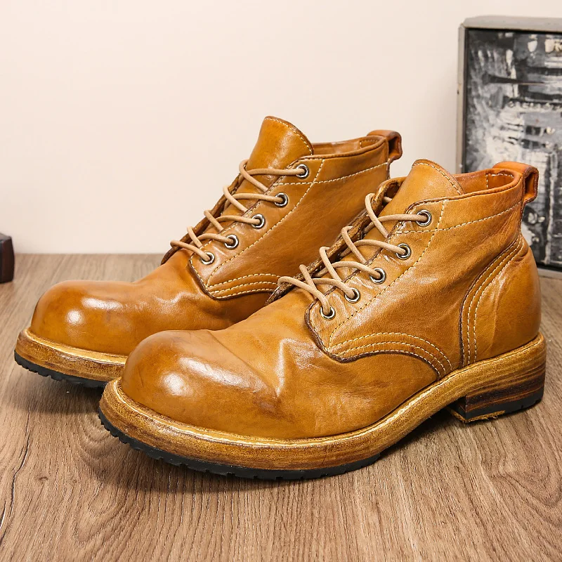 Chaussures en cuir de cheval véritable pour hommes Bottes Martin Tenue de travail, baskets de moto britanniques faites à la main, marche de trekking en plein air