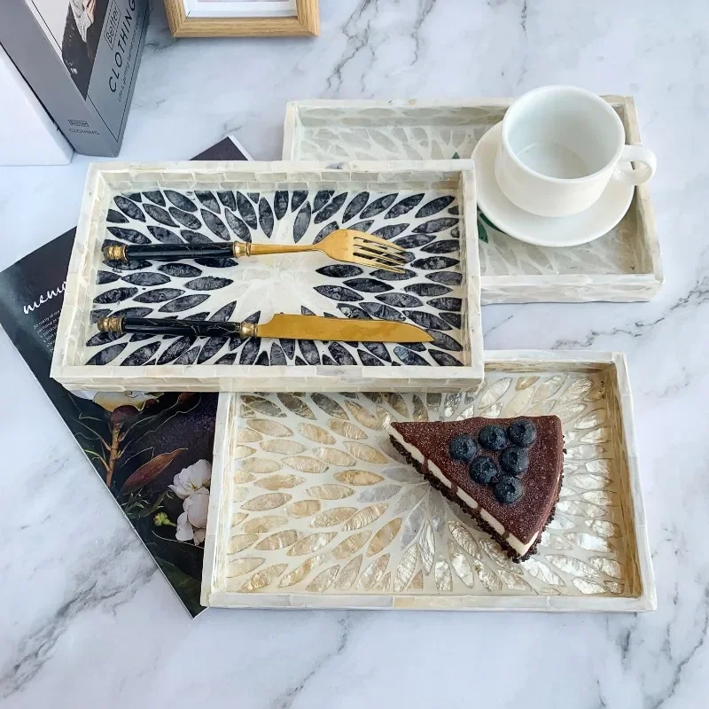 Light luxury Vietnamese Mother of Pearl Tray - Rectangular Fruit Dessert Serving Platter, Scandinavian Boho Home Decor