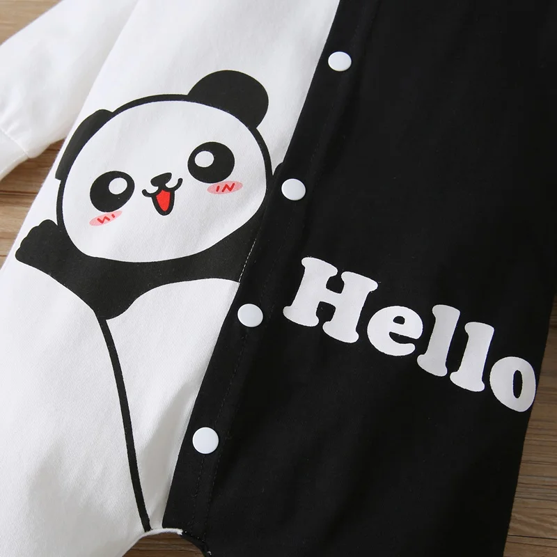 Baby Boy Clothes Spring Fall 2 Pcs Cotton Cute Cartoon Panda Letter Patchwork Single Breasted Long Sleeve Baby Romper+hat 0-18M