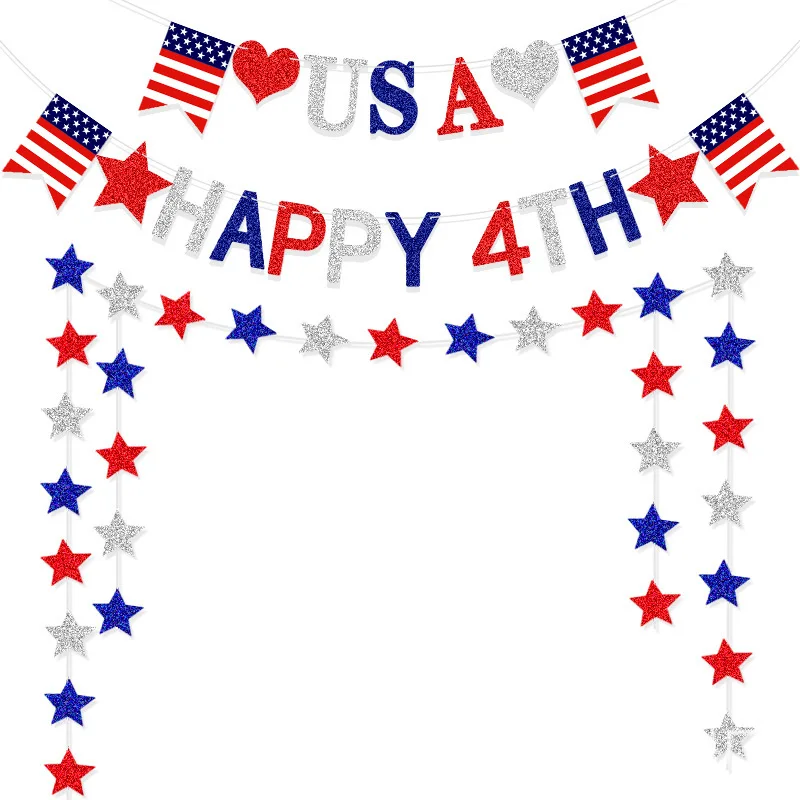 Drapeau en guirlande du Jour de l'Indépendance des États-Unis, bannière pentagramme avec fleur rose scintillante, décoration d'ambiance patriotique pour fête de fin d'année