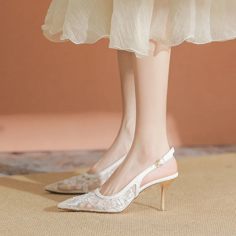 

2026 Women's Apricot Lace Mesh Bow Decor Pointed-Toe High Heels Elegant Casual Daily Party Shoes Q-435