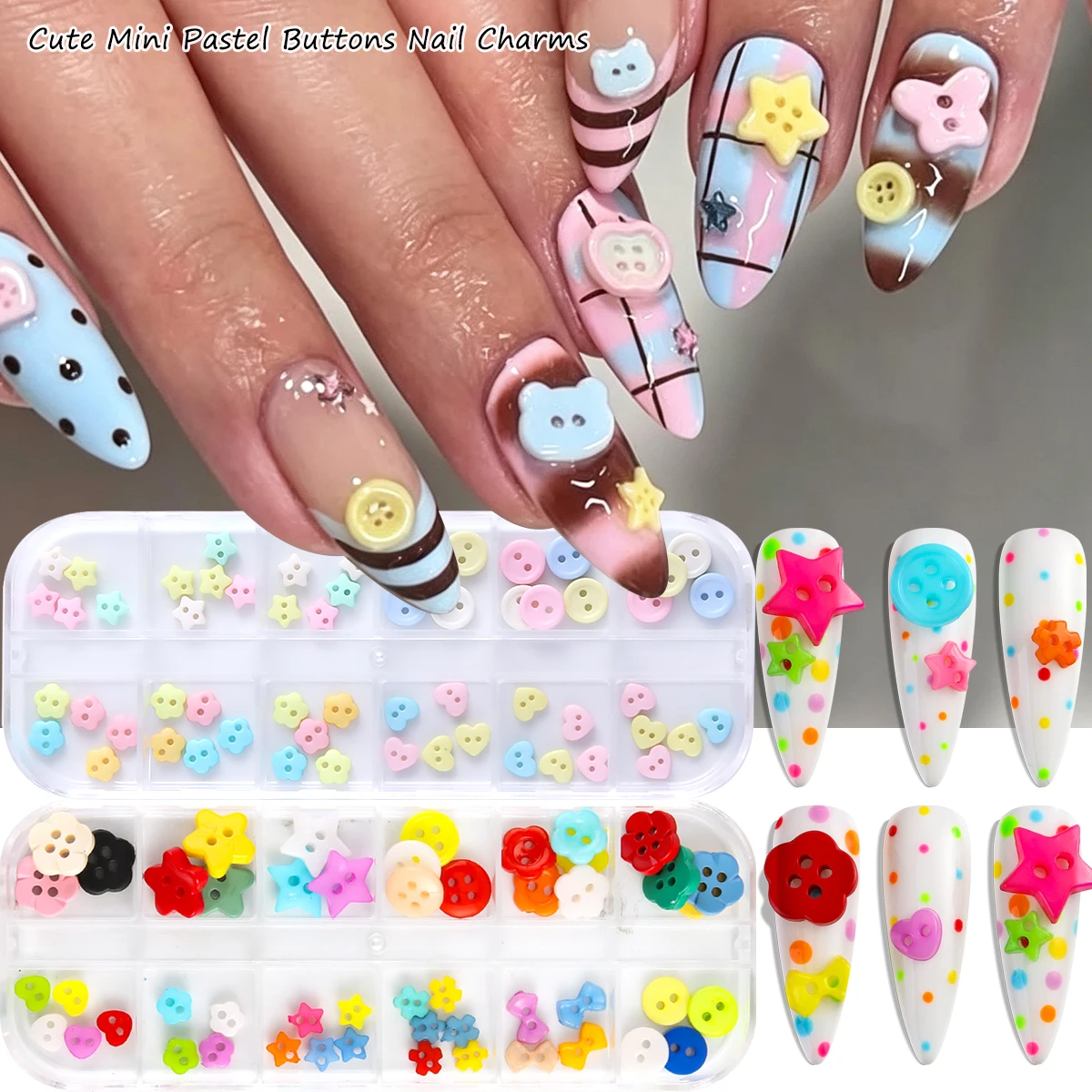 Cute Mini Pastel Buttons Nail Charms Flower Heart Round Resin Buttons 3D Nail Art Decorations For DIY Nail Design