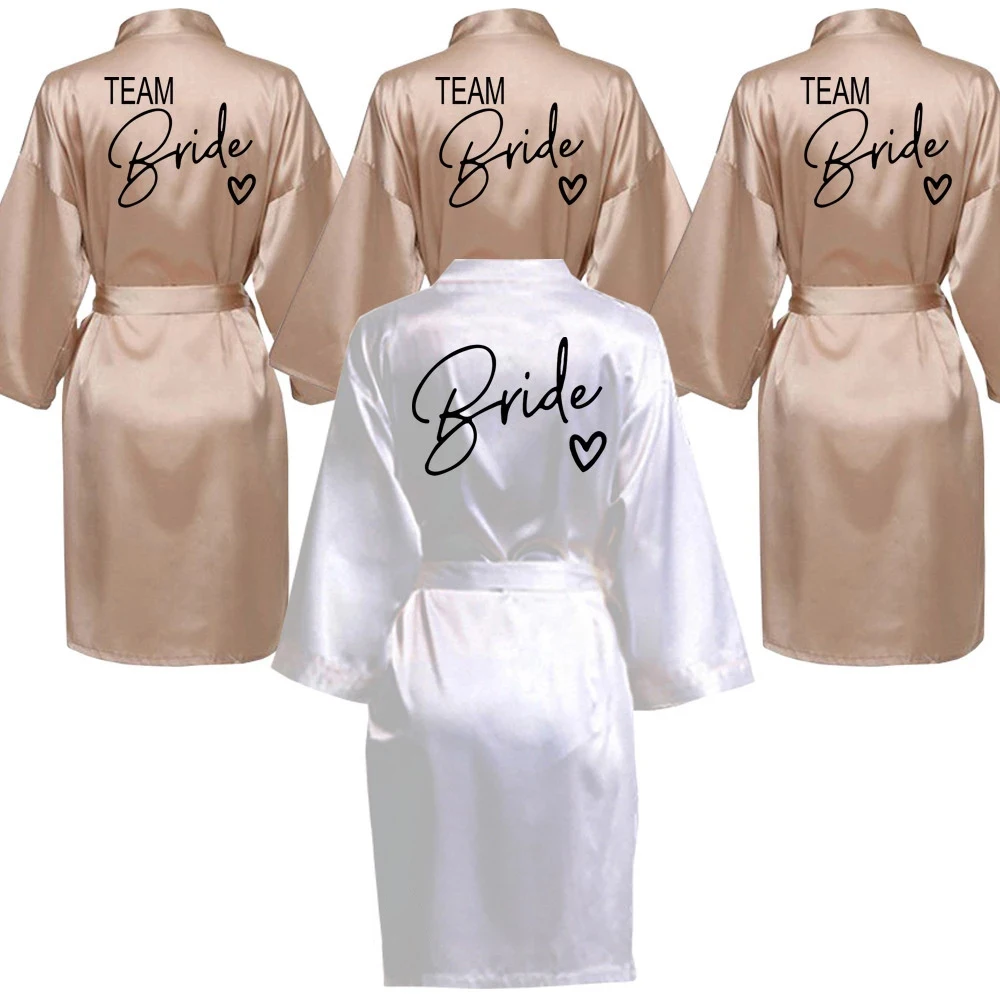 

Wedding Party Team Bride Robe With Black Letters Kimono Satin Pajamas Bridesmaid Bathrobe SP003