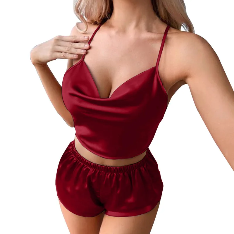 Women's Sexy Silk Satin Nightwear Pajamas Sets Cami Shorts Set Sleepwears Satin Cami Shorts Set Nightwear Pajamas Set Loungewear