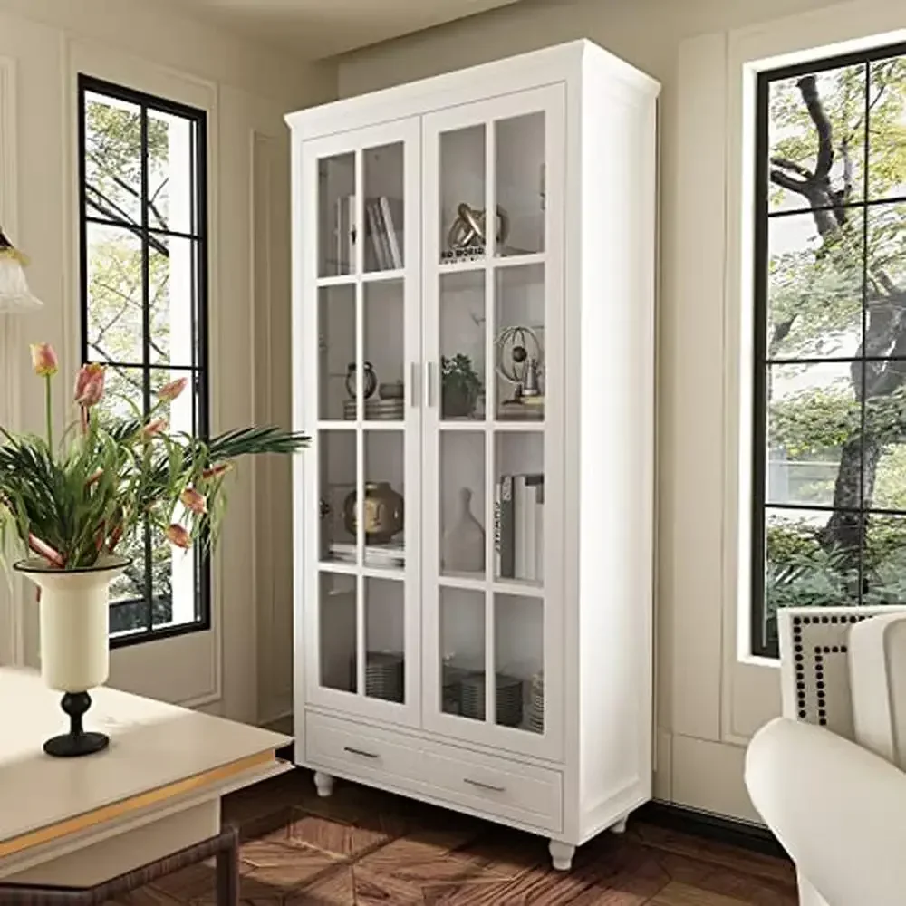 3-Tier Wood Bookshelf Glass Doors Drawer Display Cabinet Living Room Office White 36.2”L x 70.9”H