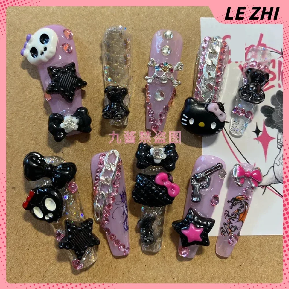 Sweet Cool Long Square Sexy Lace Press On Nails Hello Kitty Long Coffin Leopard Cherry Reusable Full Cover Nail Party Sticker