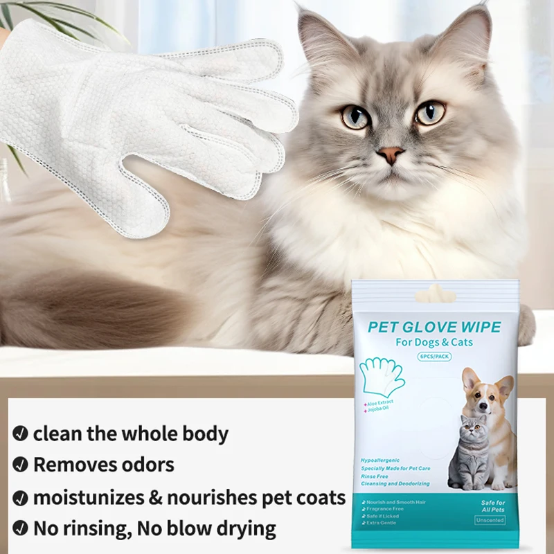 1Bag 6PCS Pet Wash-Free Gloves Cat Bath Deodorant Wipes Disposable Cleaning Dry Cleaning Dog Wipes Gentle And Convenient Gloves