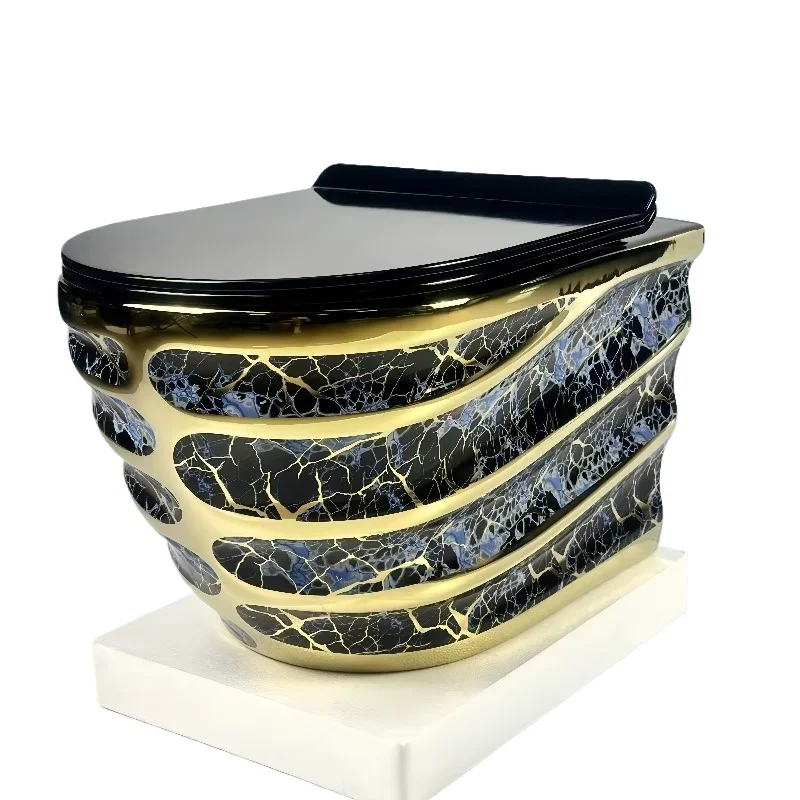 Electroplated black gold marble round wall-hung toilet with embossed design