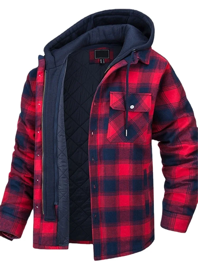 Men\'s Winter Flannel Cotton Shirt Warm Jacket With Hood Long Sleeve Quilted Lined Plaid Button Down Thick Hoodie Outwear Coats