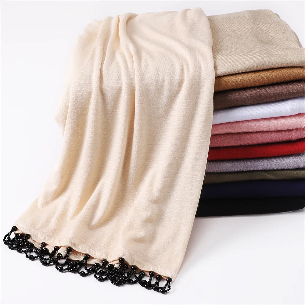 

Scarfs For Women Premium Jersey Hijab Muslim Cotton Soft Long Islamic Shawl Stoles With Plastic Beads Stretchy African Headband