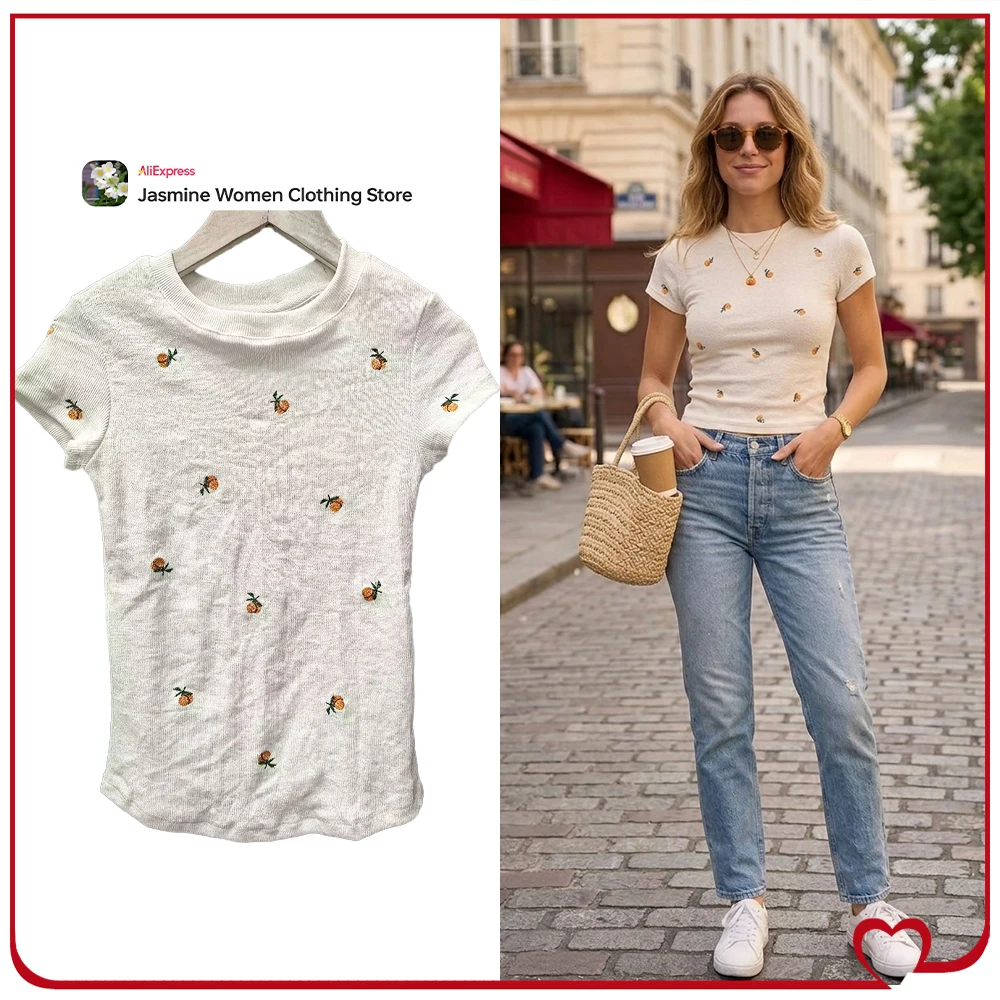 

Fashion Embroidered Short Sleeve Rib T-shirts for Women Sweet Round Neck Short Sleeve White Tees Casual Slim Fit Cotton T-shirts