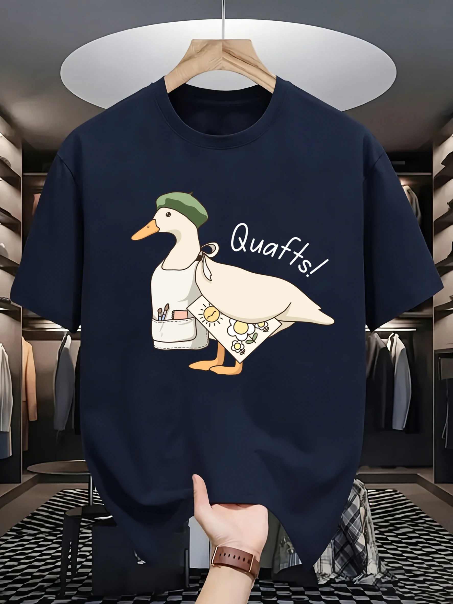 The Big Goose Who Loves Drawing Print Man O-Neck T-Shirt Casual Loose Tee Sport Cotton Streetwear Summer All-Match Short Sleeve