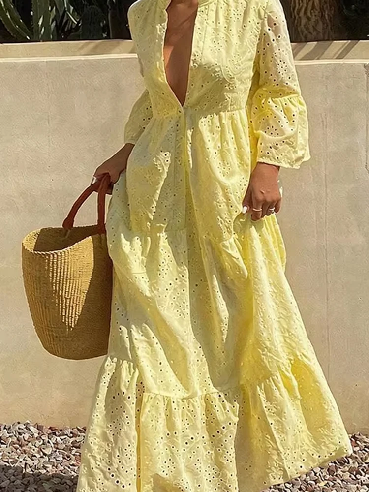 Elegantes V-Ausschnitt-Knopfkleid für den Urlaub, langes Damenkleid mit ausgestellten Ärmeln, einfarbiges, lockeres Robenkleid, sexy besticktes, ausgehöhltes Partykleid