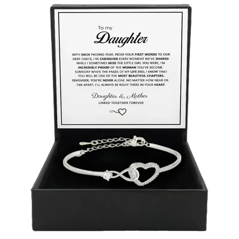 An meine Tochter für immer verbundenes Armband, Infinity Forever Love Herz-Armbänder von Mama, inspirierendes CZ-Geschenk mit Kartenbox