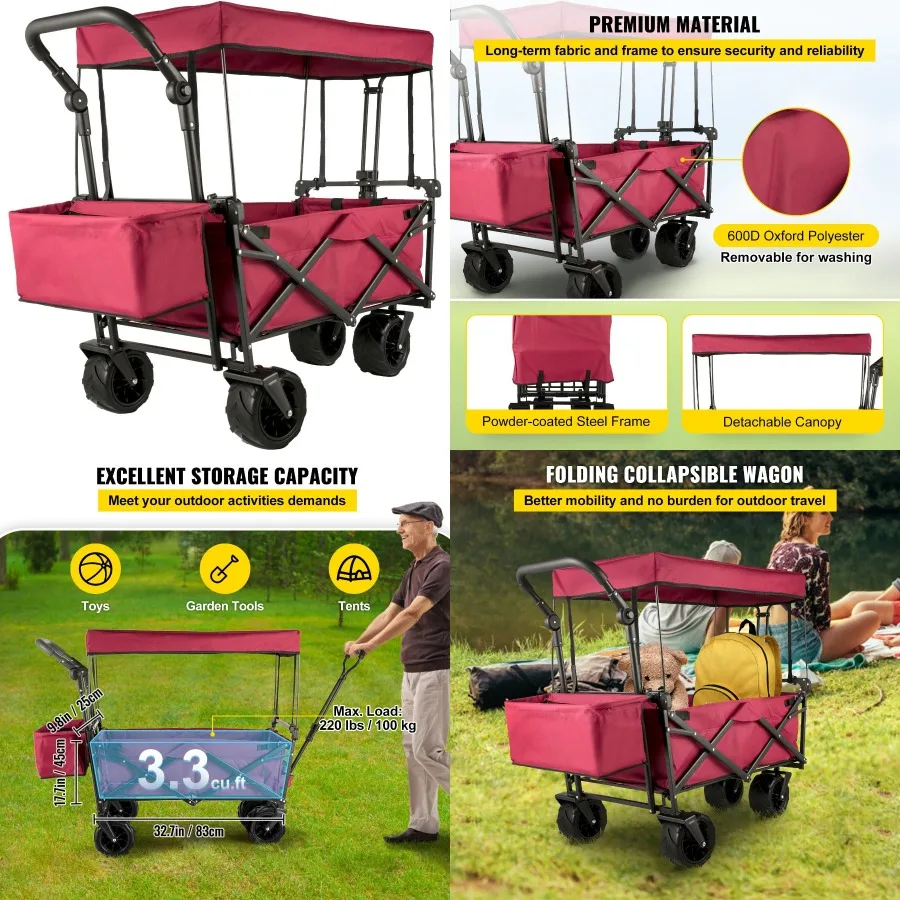 

Extra Large Collapsible Garden Cart with Removable Canopy Folding Wagon Utility Carts with Wheels and Rear Storage Wagon Cart