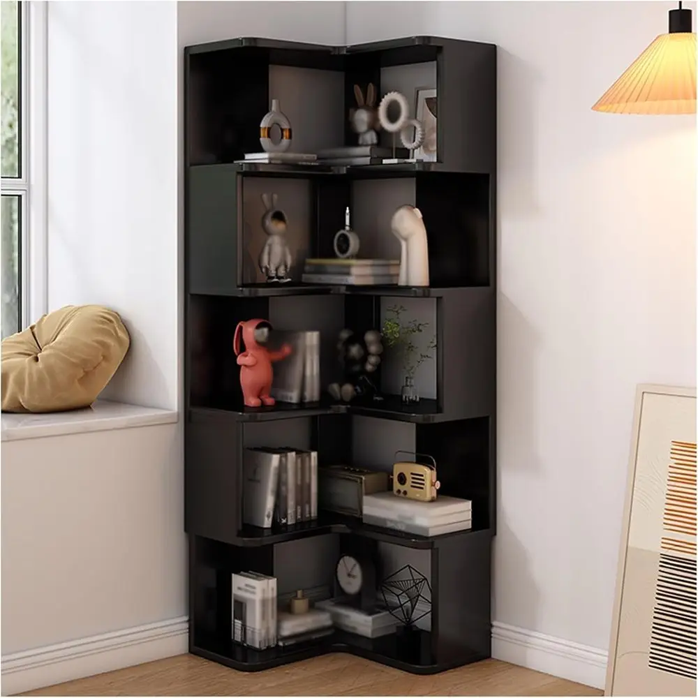 

5-Shelf Corner Etagere Bookcase for Compact Spaces: Black Storage Solution for Home & Office
