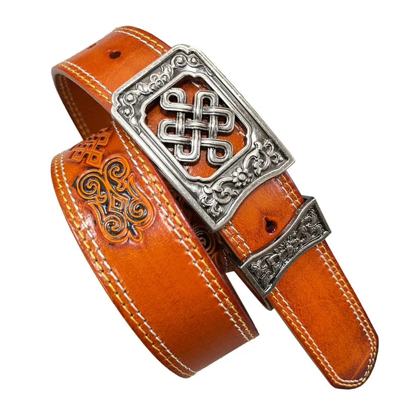 

Ethnic style men's embossed pure cowhide belt personalized carved retro leather unisex waist casual belt